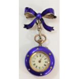 A Swiss silver and enamel ladies fob watch, the back decorated with a half pearl flower, with