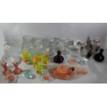 A collection of glassware to include a red byrdes lidded candy dish and vase, together with lead