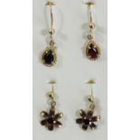 Two pairs of 9ct gold and garnet ear rings, 1.9gm