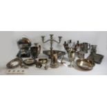 A large collection of silver plated wares , to include Goblets, Tankards, Candelabra, picture