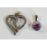 A 9ct gold and diamond double heart pendant, 25mm overall and a 9ct gold amethyst pendant, 2.9gm