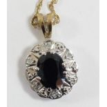 A 9ct gold sapphire and diamond cluster pendant, 14 x 12mm, chain,2.5gm