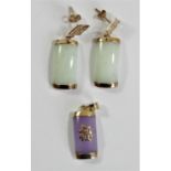 A 9ct gold mounted purple jadeite (untested) pendant and a similar pair of green jadeite (