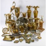 A collection of brass and plated wares, to include pewter tankards, an early brass blow torch, servi