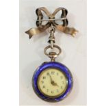 A Swiss silver and guilloche enamel ladies fob watch, the back decorated with Iris, with matching
