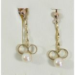 A 9ct gold pair of cultured pearl ear pendants, 1gm