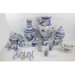 A collection of Chinese blue and white porcelain pieces to include a fertility vase, a pumpkin