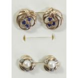 A pair of 9ct gold and sapphire ear studs and a pair of 9ct gold and cultured pearl ear studs, 4.1gm