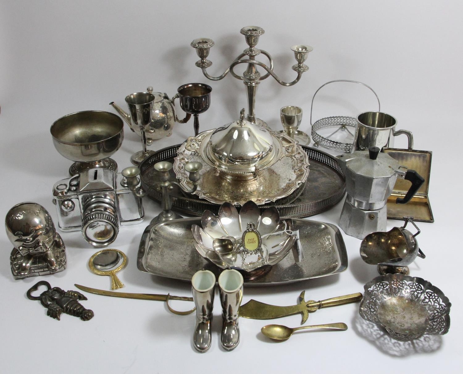 A collection of plated wares to include a coffee service, pewter tea service, cigarette box, - Image 2 of 3