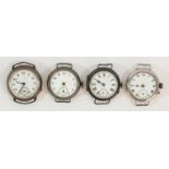 Four silver cased manual wind wristwatches, 2 x 1912, 1 x 1929, 1 x 1930, spares or repair