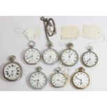 Two silver pocket watch and six various metal pocket watches