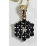 A 9ct gold sapphire cluster pendant, 13mm, chain 2.6gm.