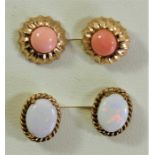 A 9ct gold and opal pair of ear studs and a 9ct gold and coral pair of ear studs,2.8gm