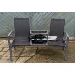 An aluminium two seater garden bench with table and folding camping chairs