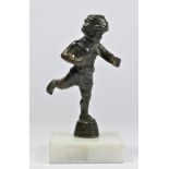 A bronze cherub car mascot signed Cubitt Cupid by Emile Lejeune, mounted on a white marble base,
