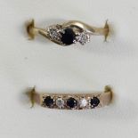 A 9ct gold sapphire and diamond five stone ring, N and another 9ct gold sapphire and diamond ring,