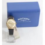 Rotary, a 9ct gold manual wing date wristwatch, London 1965, with 17 jewel movement Hirsch lizard