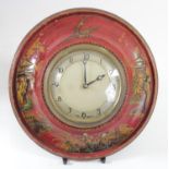 A mid 20th Century lacquered chinoiserie wall clock with Chinese decoration with an English