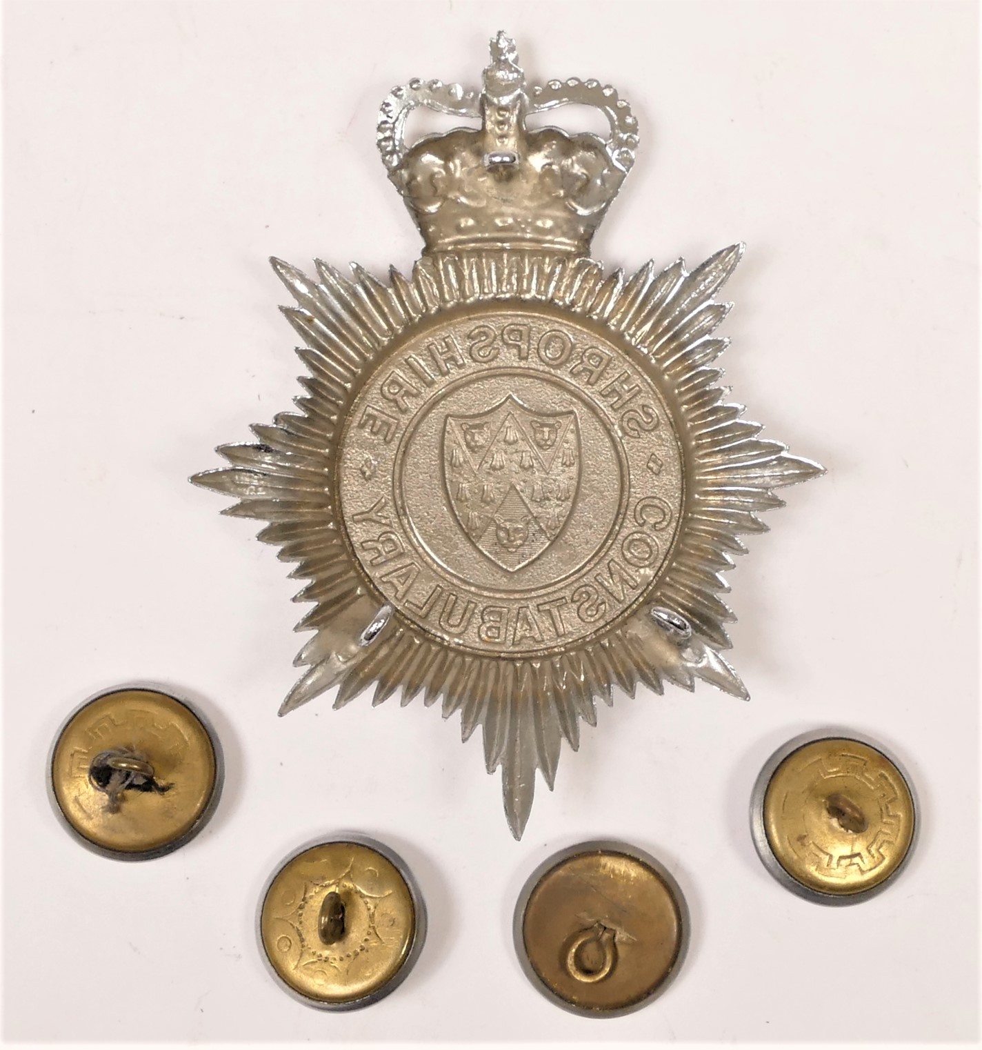 A Shropshire Constabulary helmet badge, Queen's Crown, together with four matching buttons (5) - Image 2 of 2
