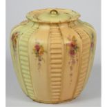 A Royal Worcester blush ivory tea caddy, pattern 1808, decorated with floral sprays, puce marks