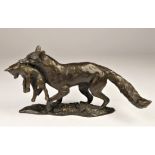 Linda Frances (contemporary), a cast bronze group of vixen carrying a cub, signed LF, 21 x 7 x 11cm.