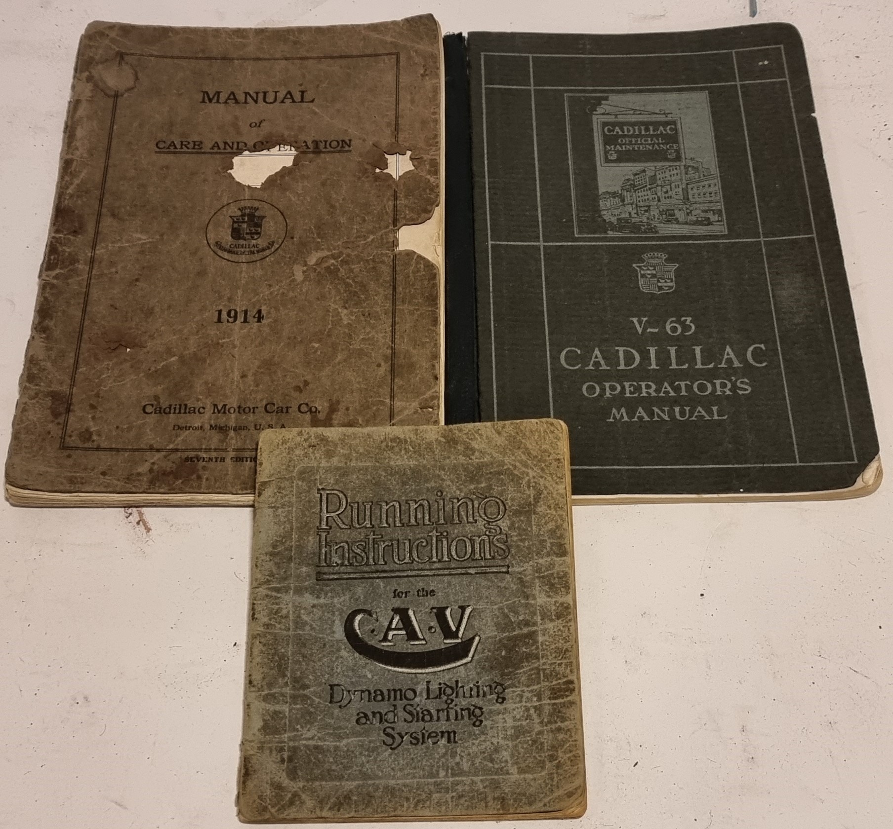 Cadillac V-63 operators manual, another Cadillac manual for 1914 and a C.A.V. manual (3)