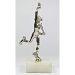 A chrome car mascot in the form of Mercury, raised on a white marble base, 21cm