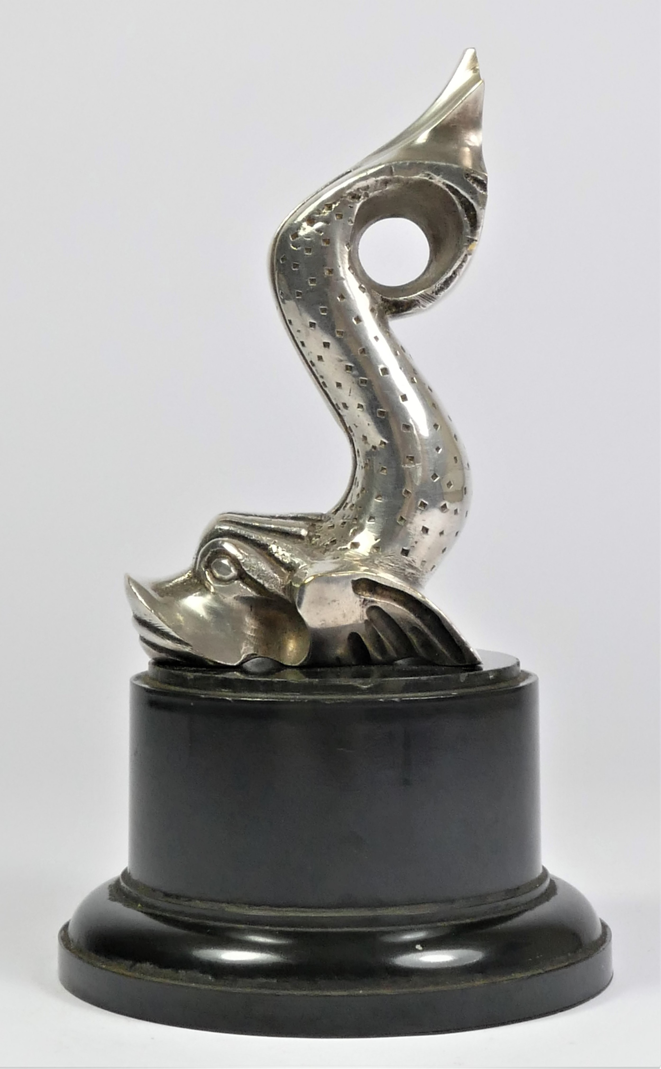 A chrome car mascot in the form of a sea serpent, stamped Malta, AEL, Augustine & Emile Lejeune,