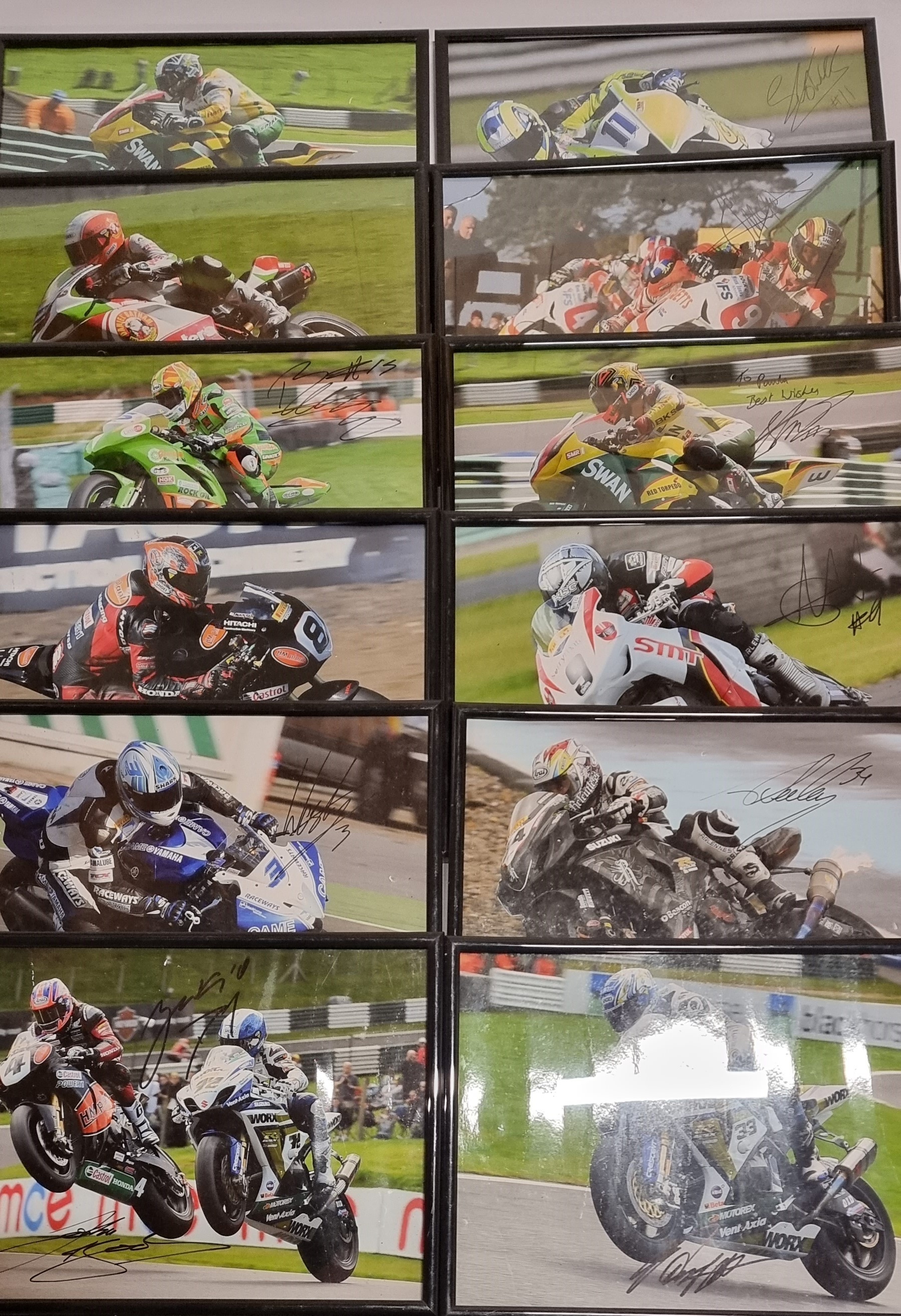 A collection of 12 signed and framed photographs of 2008-2018 BSB, Supersports and TT riders,