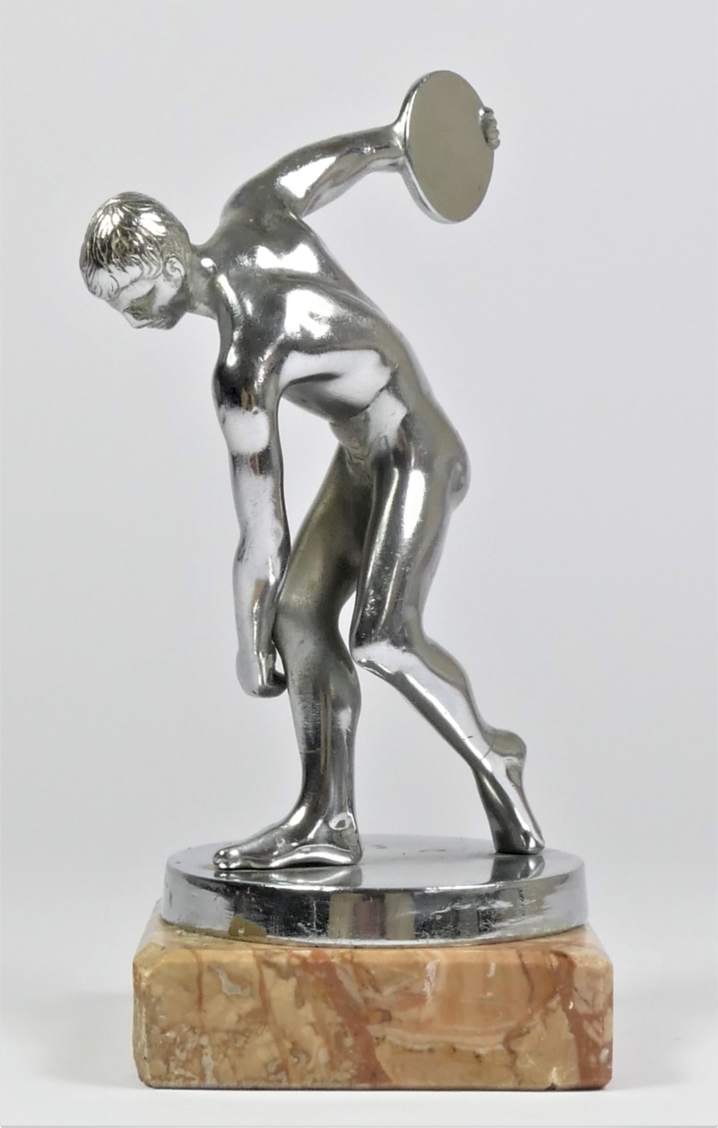 A chrome car mascot in the form of a discus thrower raised on a marble base, 16cm - Image 2 of 2