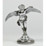 A chrome car mascot in the form of a winged cherub mounted on a radiator cap, 14cm.