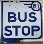 Bus Stop BCT, a double sided vitreous enamel sign, dated 1972, 32 x 31cm