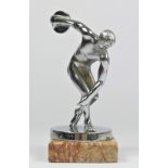 A chrome car mascot in the form of a discus thrower raised on a marble base, 16cm