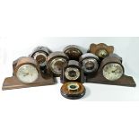 A collection of mid 20th Century mantle clocks to include Smiths Enfield Bakelite cased examples,