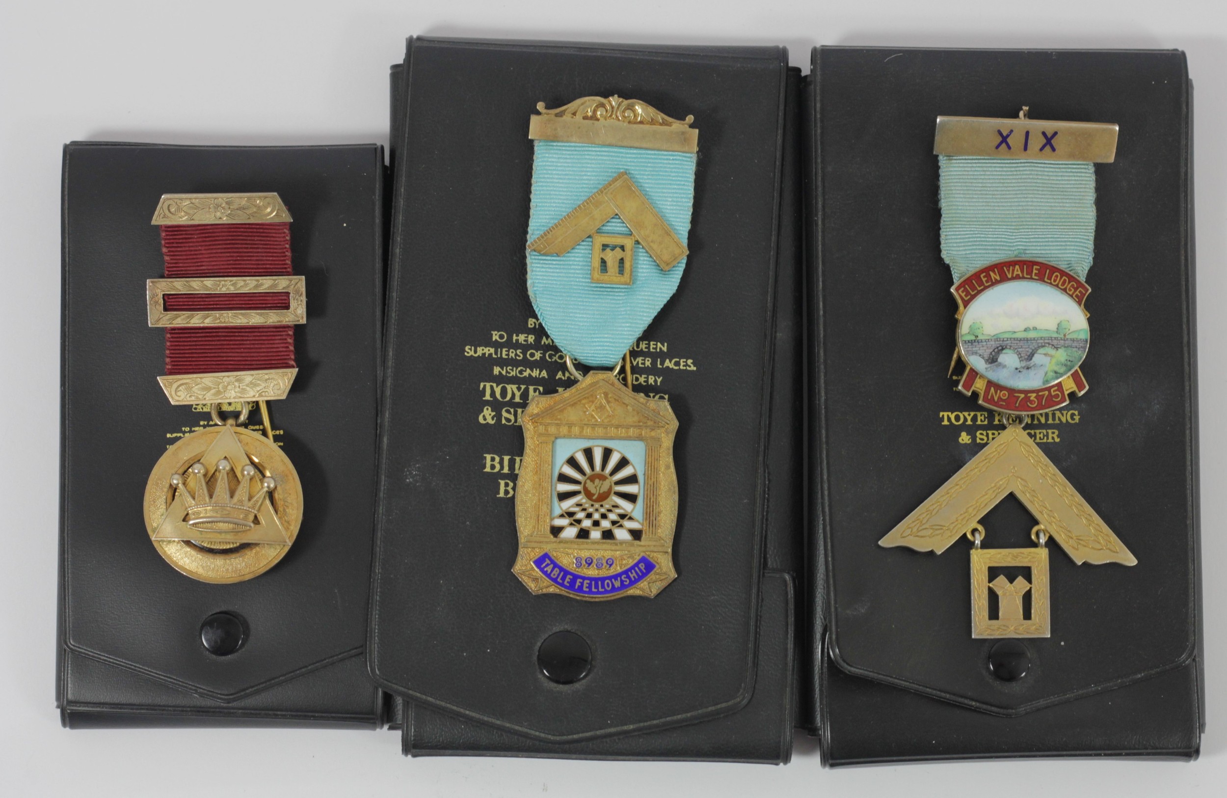 Three silver gilt and enamel Masonic Lodge medals, 87gm, cases, - Image 3 of 3