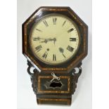 A drop dial wall hanging clock, oak case with mother of pearl inlay decoration, 70cm x 41cm