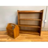 A four height pine open bookshelf unit together with a light oak magazine rack - W:84cm; H:90cm; W: