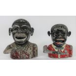 A painted cast alloy jolly black man novelty money box, stamped 'Starkies' Pat No 152588, together