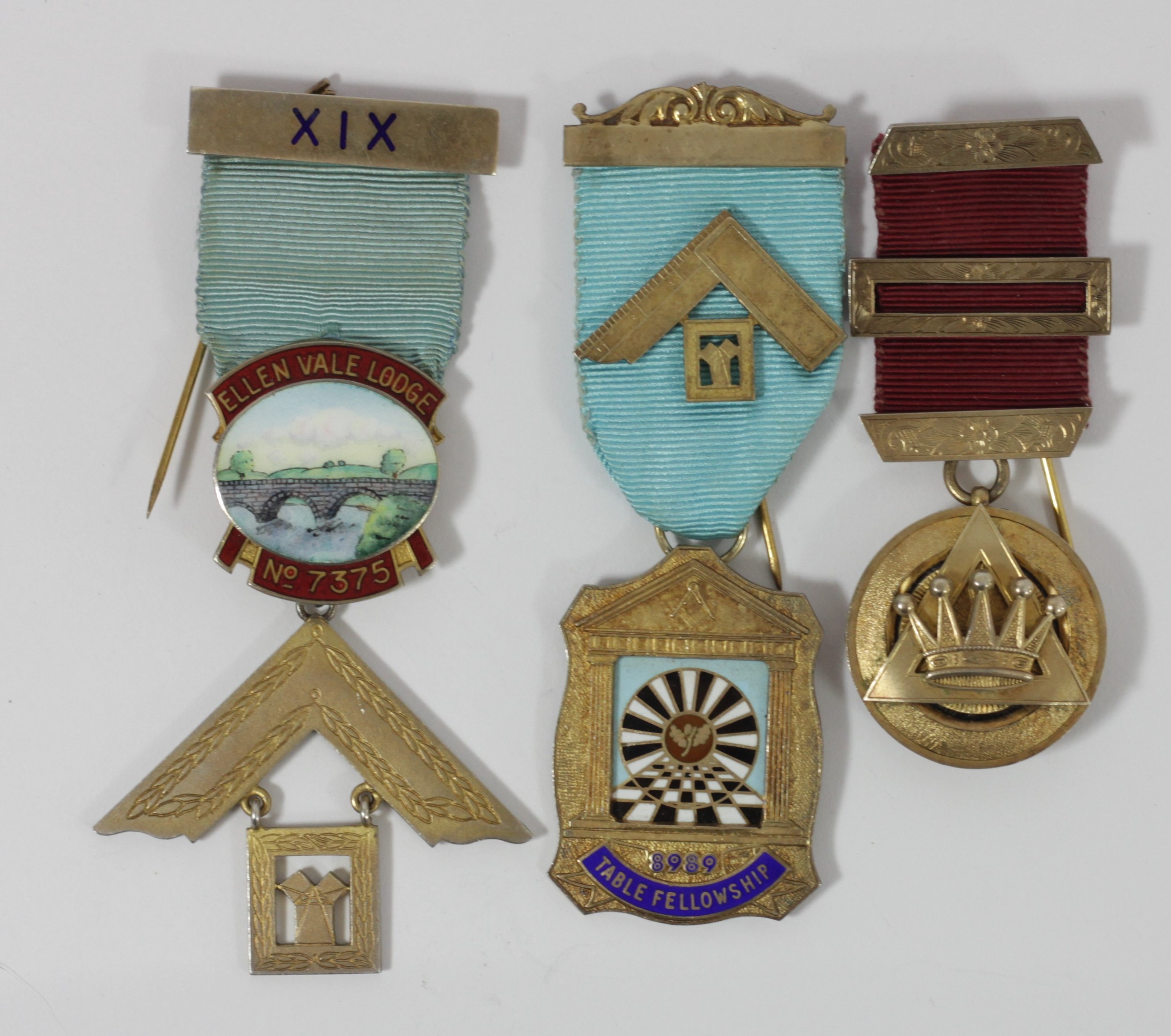 Three silver gilt and enamel Masonic Lodge medals, 87gm, cases,