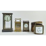 Four manual wind brass carriage clocks to include a Whiteleys of London, made in France, enamel