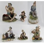 A collection of six Capodimonte bisque figurines to include, a fisherman and his catch, makers