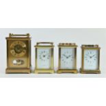 Four manual wind carriage clocks, brass cased to include a Bayard, made in France, painted enamel