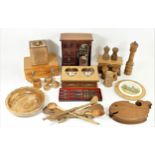 A collection of wooden wares to include, jewellery boxes, utensils, bowls, pepper grinders and