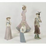 A Lladro figurine of Waiting to Tee Off 5301 31cm, together with, two Nao figurines of a lady
