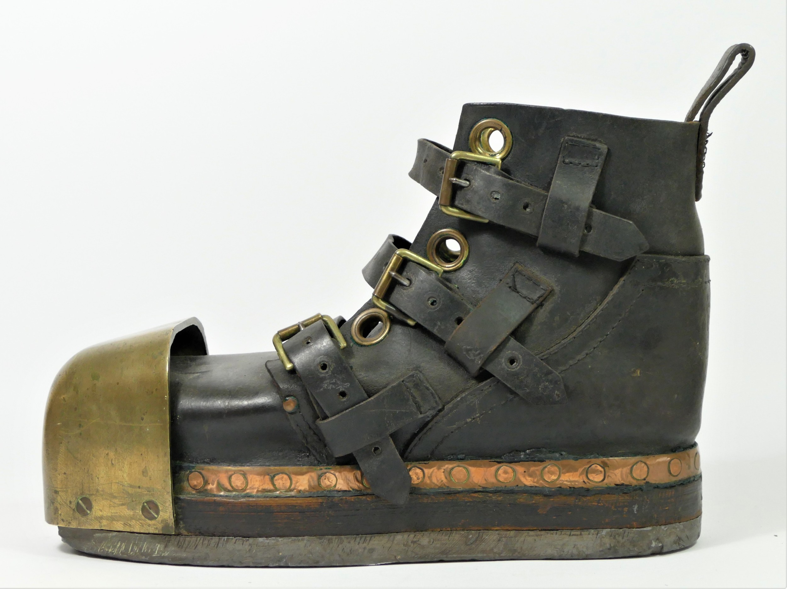 An English deep sea diving boot, c.1920's, leather, brass toe cap and lead sole, length 36cm - Image 2 of 3