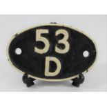 An oval cast-iron locomotive shed plate, 53D Bridlington