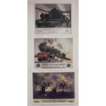 Three unframed railway poster prints, Building an Engine (L.M.S), Speed to the West (G.W.R) and