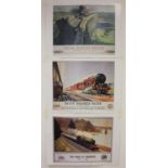 Three unframed railway poster prints, Scot passes Scot (L.M.S), 100 Years of Progress (G.W.R)