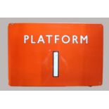 An enamel tangerine B.R. (N.E.R.) 'platform 1' fully flanged sign, 61 x 92 cm