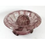 A Davidson cloud glass 3 piece fruit bowl, purple swirl decoration, circa 1920s. 35cm diameter.